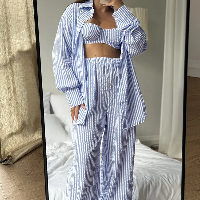 WXOY Striped Three Piece Set Women Long Sleeve Shirt Crop Top Pants Loungewear Pajamas Sleepwear Casual Loose Home Suits Outfits