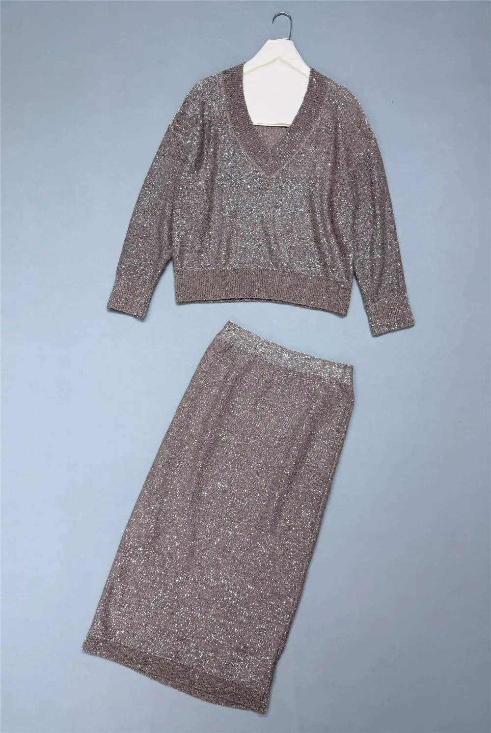 V-Neck Loose Drop-Shoulder Knit Top with Skirt Set Women's Casual Comfortable Two-Piece Outfit in Multiple Colors