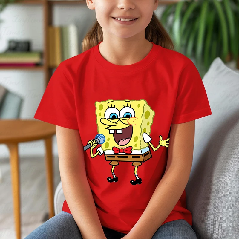 SpongeBob SquarePants printed kids T-shirts summer children's cotton short sleeves suitable for boys and girls red casual tops