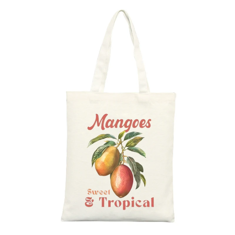Mango Fruit Graphic Canvas Tote Bag, Retro Tropical Style for Summer Shopping and Casual Outings