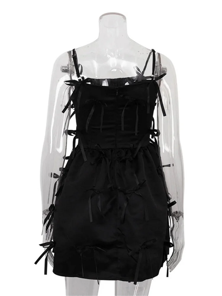 Tossy noir t-shirt nœud décontracté Mini robe femme pansement dos nu été 2025 nouveau Patchwork Spaghetti robe femmes robe moulante