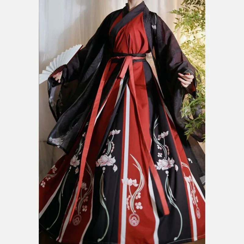 

Chinese Traditional Hanfu Dress Women&Men Carnival Cosplay Costume Ancient Print Hanfu Black&Red Set For Couples Plus Size XL