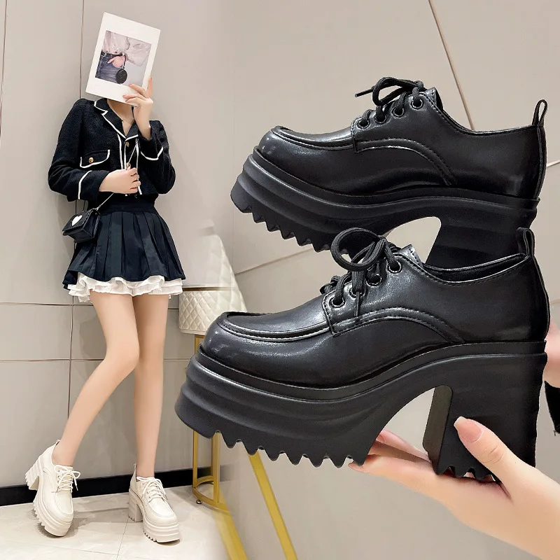 Gothic Chunky High Heels Loafers for Woman 2024 Spring New Leather Platform Loafers Female Solid Color Thick Heeled Lolita Shoes