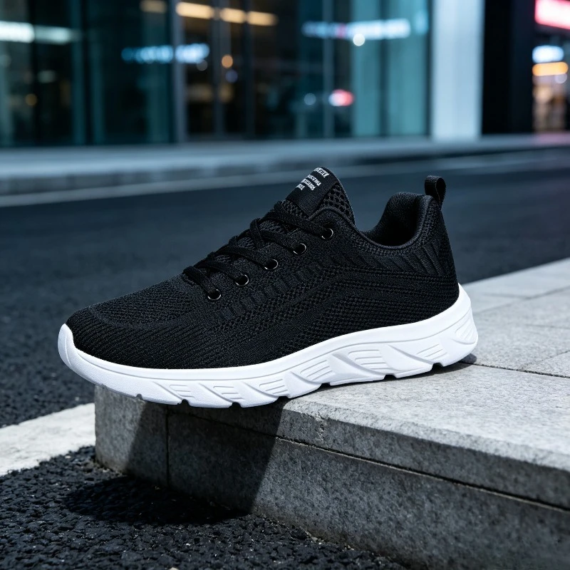 Men Breathable Knit Sneakers White Thick Sole Lace Up Lightweight Running Shoes Non Slip Soft Casual Sports Footwear for Gym view 6