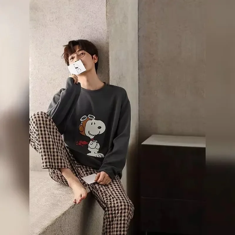 Snoopy kawaii pajamas for men and women in spring and autumn couples new casual long-sleeved plaid pants fashion home wear set
