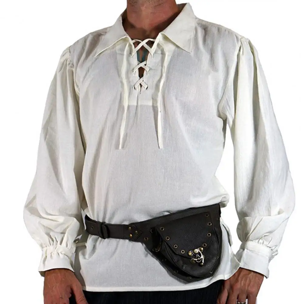 Men Vintage Shirt Medieval Renaissance Cosplay Shirt Lace-up Long Sleeve Loose Fit for Adult Men\'s Historical Costume Loose Fit