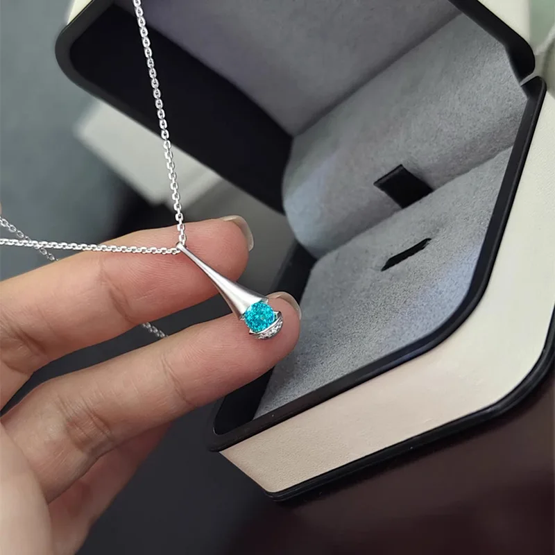 New 100% S925 Silver Water Drop Bottle Small Waist 5.0 Paraiba Color Necklace Fashion Versatile Wedding Jewelry