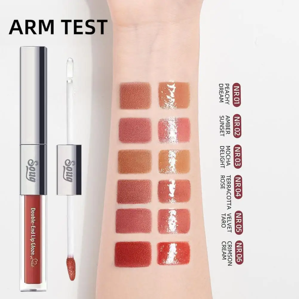 2-in-1 Double-End Matte Lip Glass Gloss Transparentes, feuchtigkeitsspendendes Lippenöl Glaze Gloss Shimmer Liquid Lipstick Glossy Mirror Shine