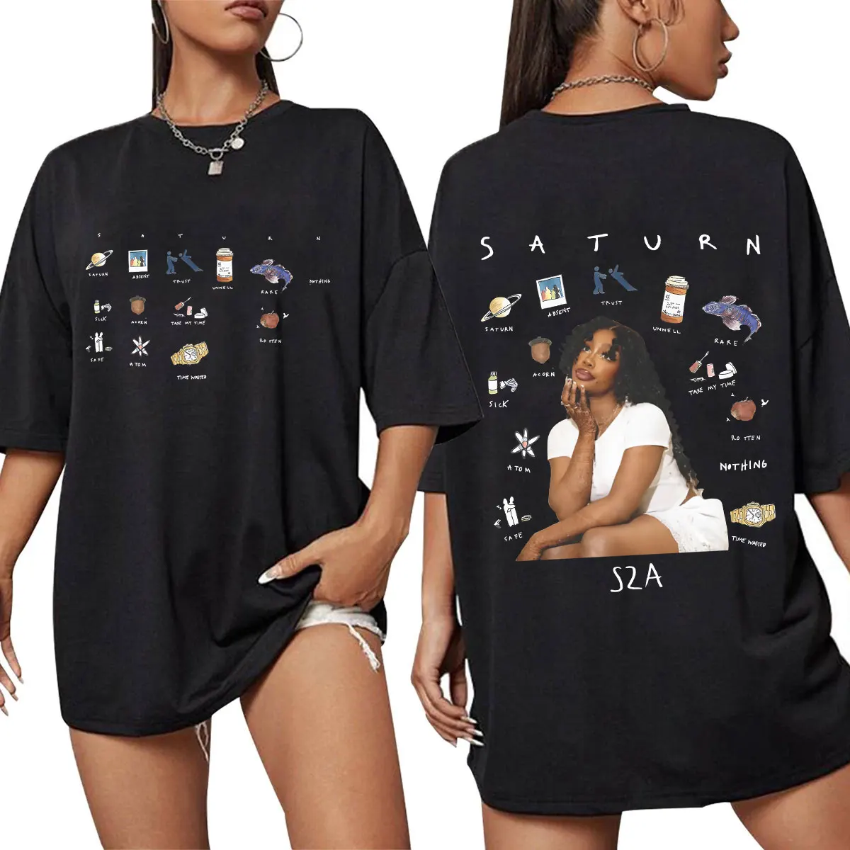 

Лето 2022, футболка из 100% чистого хлопка с принтом SZA Saturn, женская модная футболка в стиле Харадзюку с круглым вырезом, повседневная свободная футболка большого размера с короткими рукавами для фанатов