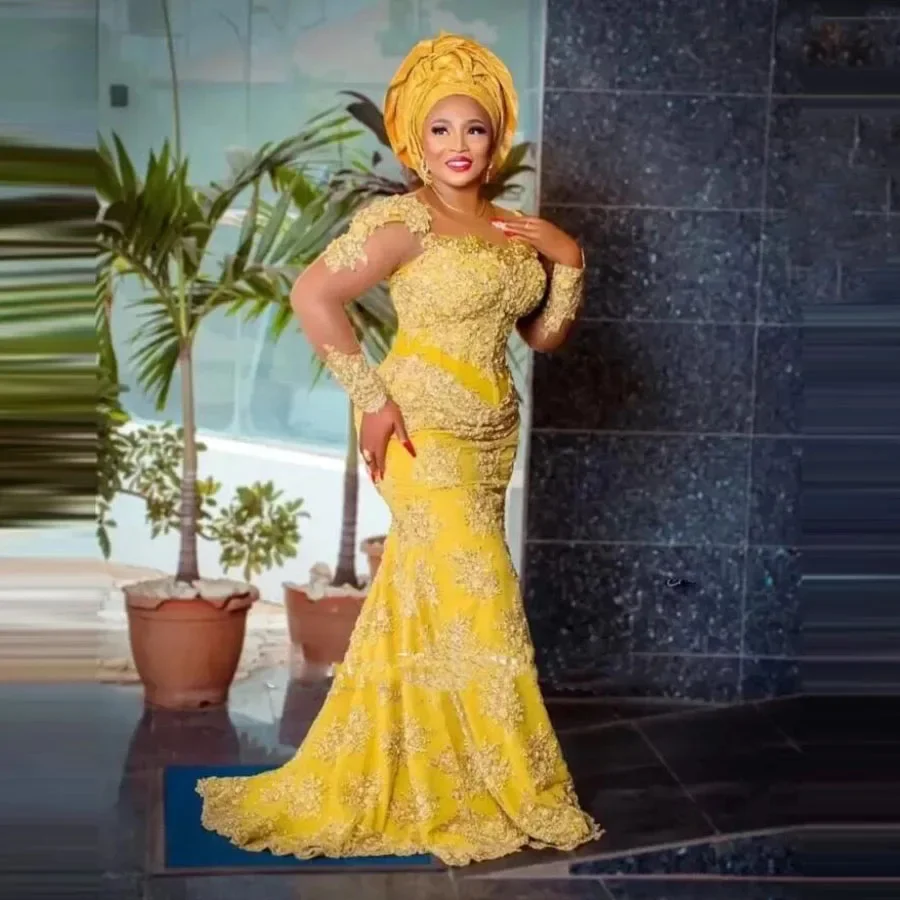 Vintage Yellow Lace Aso Ebi Gown Long Sleeves Plus Size Nigerian Wedding Dresses Custom Made  African Women Formal Prom Dress