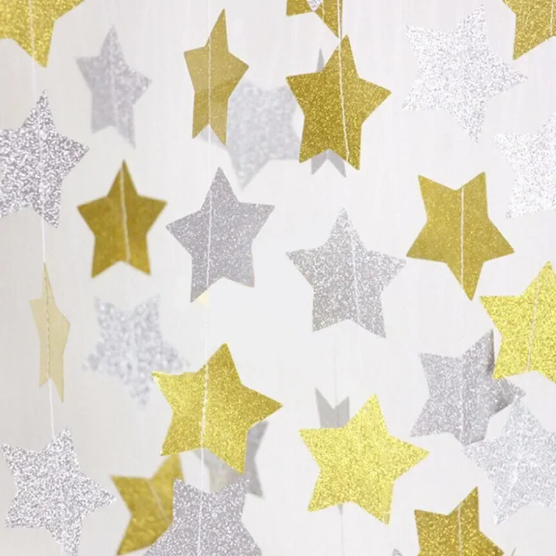 Gold Silver 4M DIY Glitter Paper Garland Hanging Star 10CM String Curtain For Wedding Birthday Christmas Party Supplies