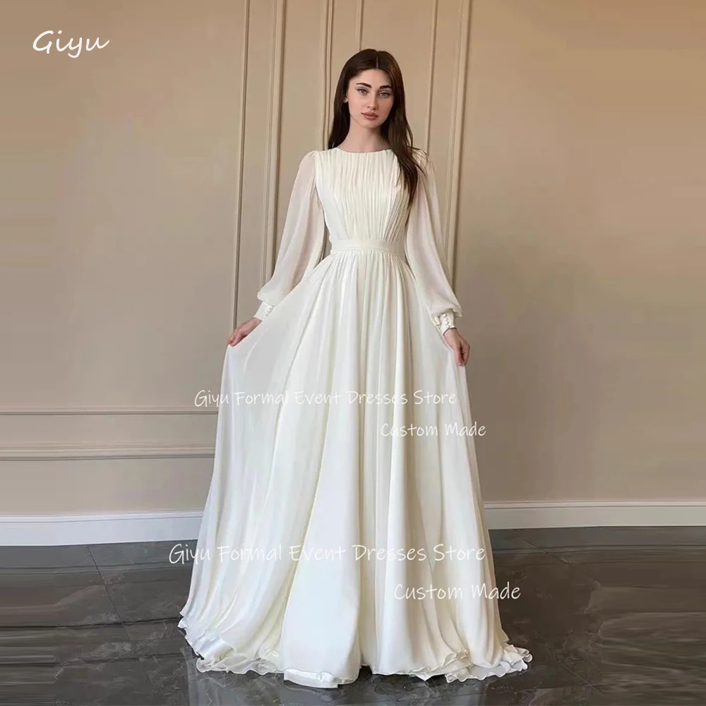 Giyu-Robes de mariée en mousseline de soie A Line, manches longues bouffantes, col rond, longueur au sol, patients, quel que soit le pays, modeste