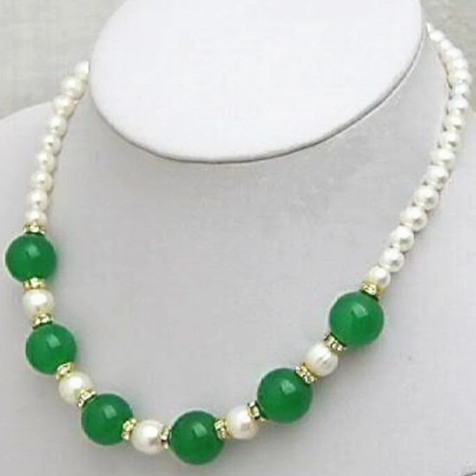 

Hot sale natural 7-8mm white pearl green jades round beads original design fashion women elegant chain necklace 18"