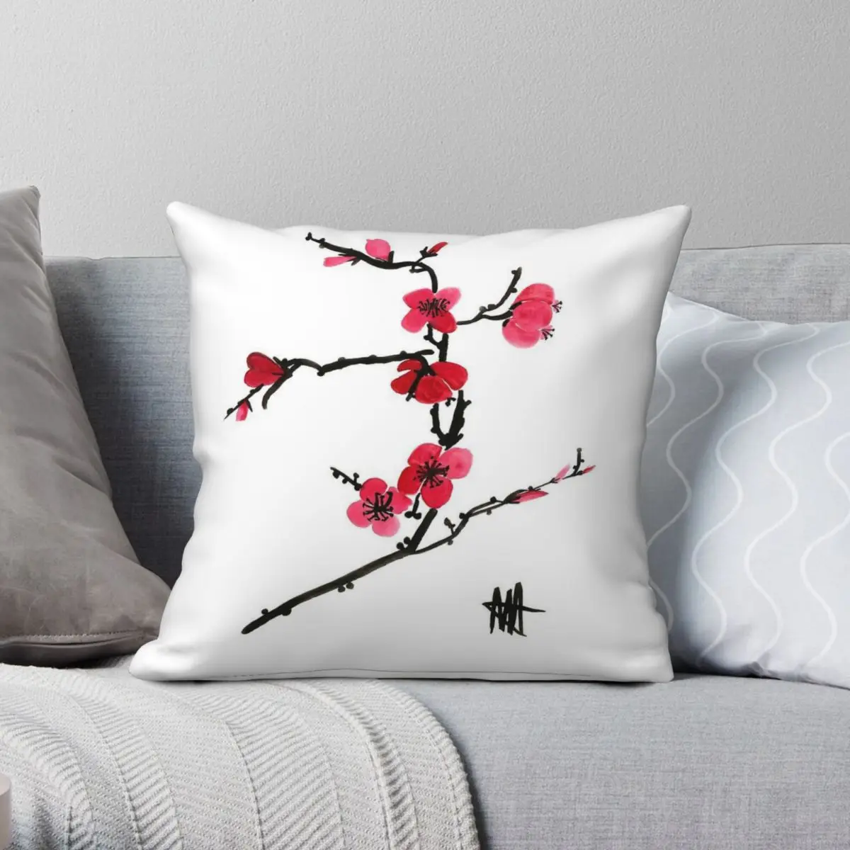 

Japanese Cherry Blossom Square Pillowcase Polyester Linen Velvet Pattern Zip Decorative Throw Pillow Case Room Cushion Cover 18"