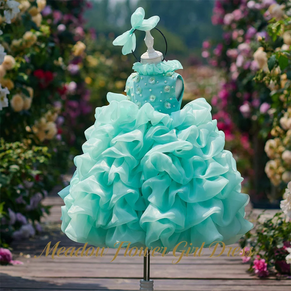 Meadow with Pearls Princess Girls Dress 3D Flower Ruffled Kids Birthday Party Dress Lavender Tutu Fluffy Prom Gown Customized