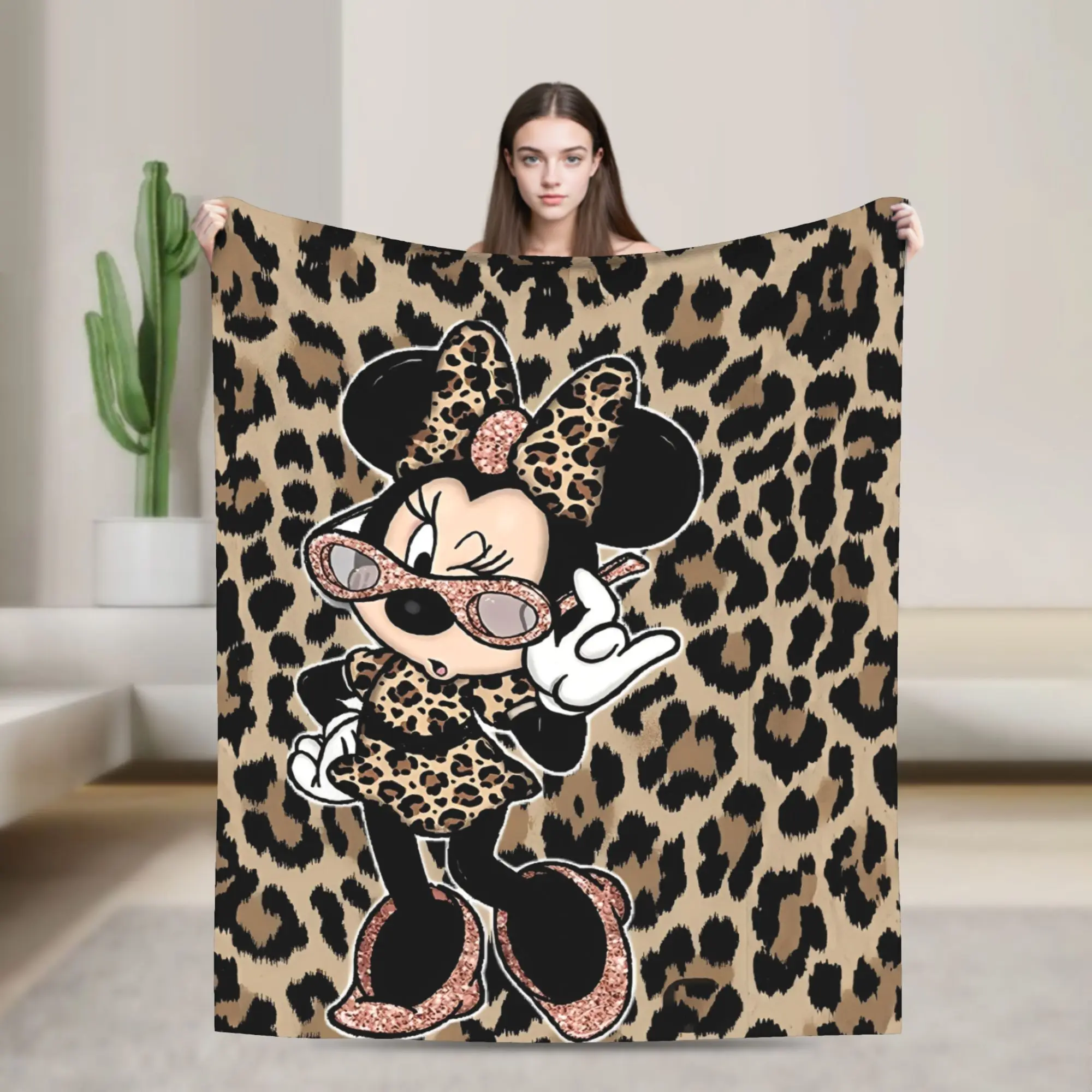 Mantas de Minnie Mouse con Estampado de Leopardo, Mantas de Franela Portátiles y Ligeras para Cama, Coche, Cubrecama