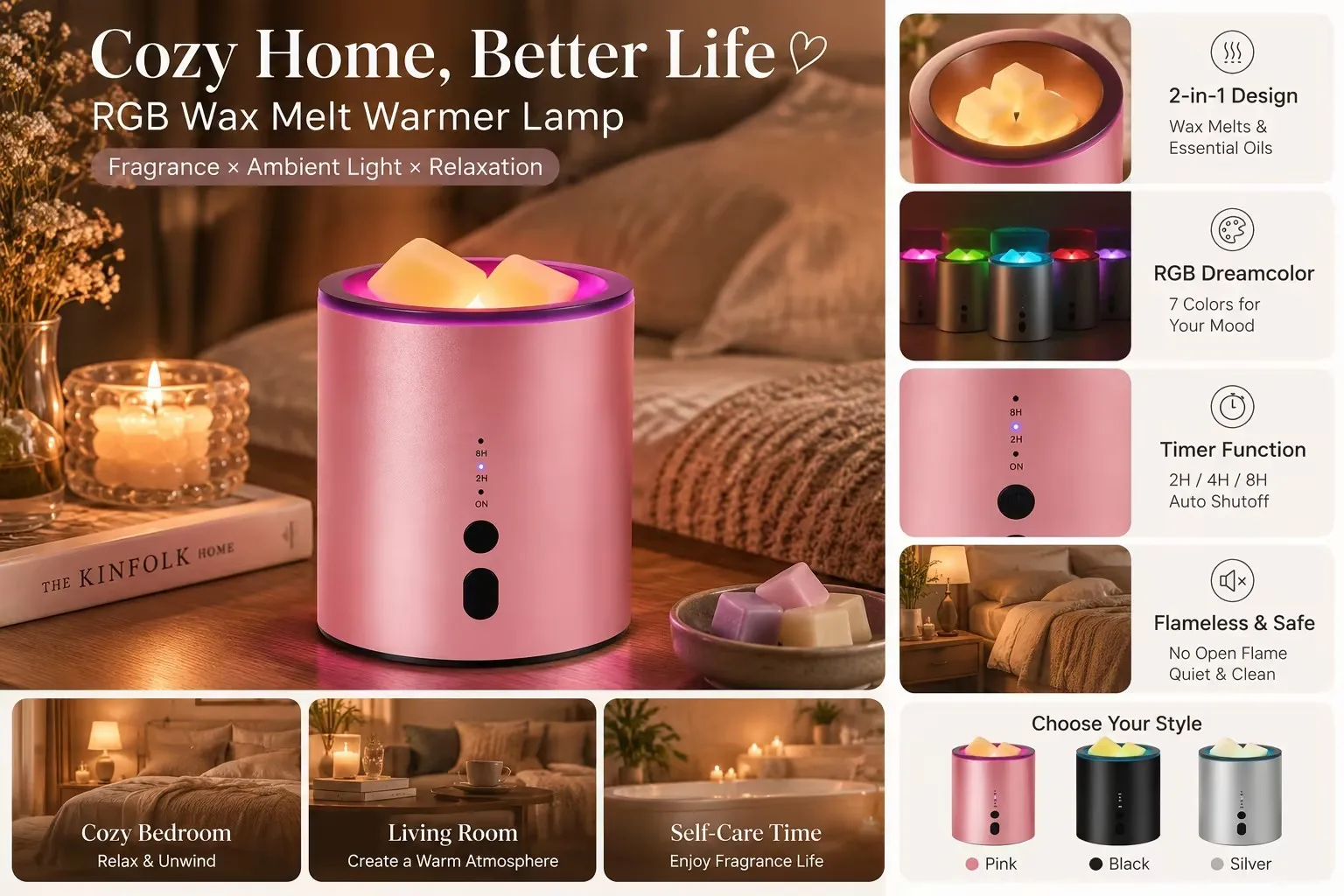 Modern RGB Candle Warmer Lamp for Wax Melts & Essential Oils, Ambient Mood Light with Timer, Cozy Bedroom & Home Decor view 4