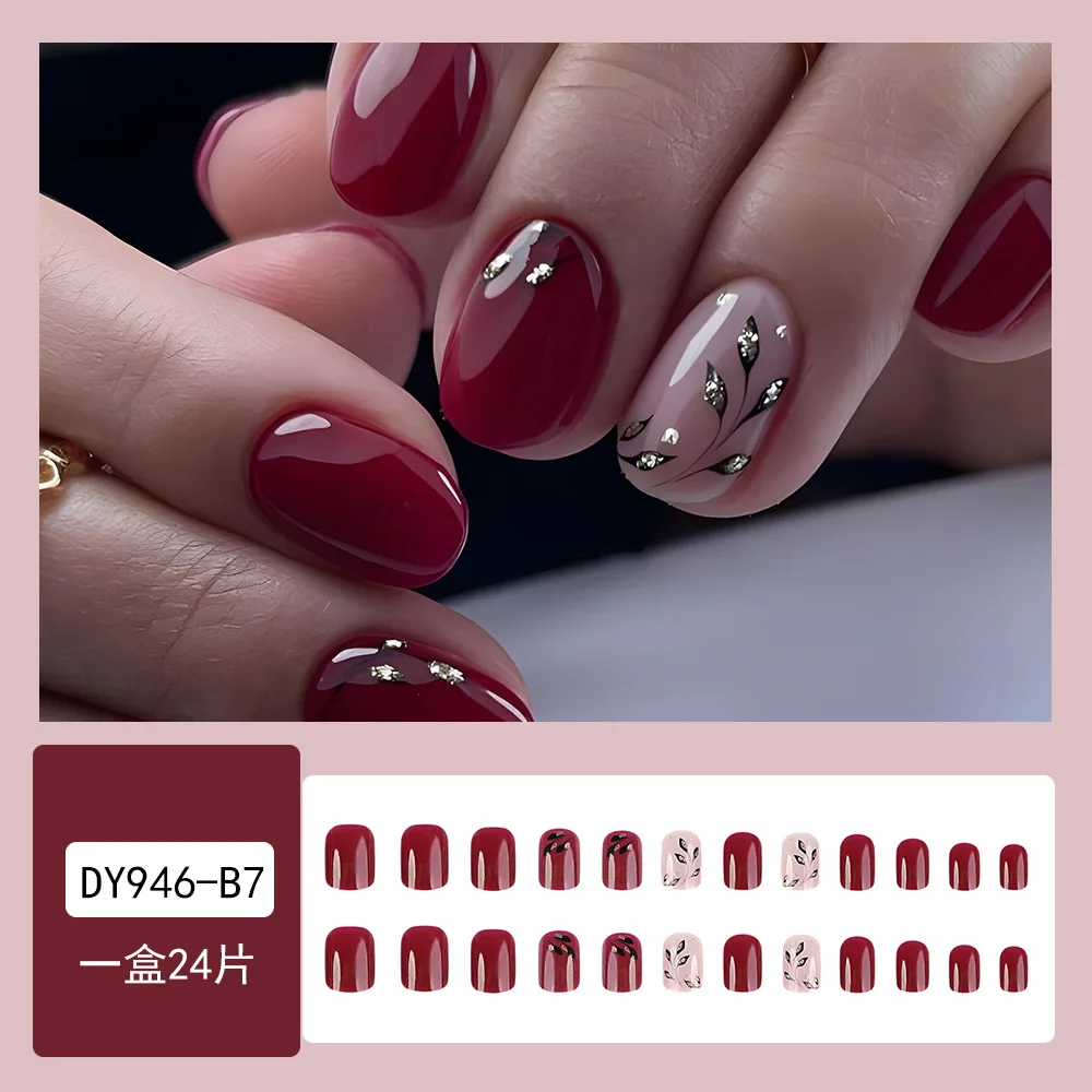 Falso Vermelho Quadrado Unhas Falsas, Cobertura Completa, Pressione, Dicas, Manicure, Estilo Coreano, Brilho, Oval, 24 Unidades