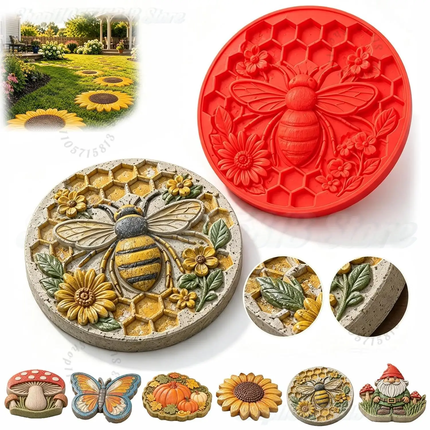 Imagen 3: Molde Reutilizable para Adoquines con Forma de Girasol, Moldes Redondos de 15.7'' para Adoquines, Decoración DIY para Jardín y Caminos, Molde para Pavimento con Forma de Girasol