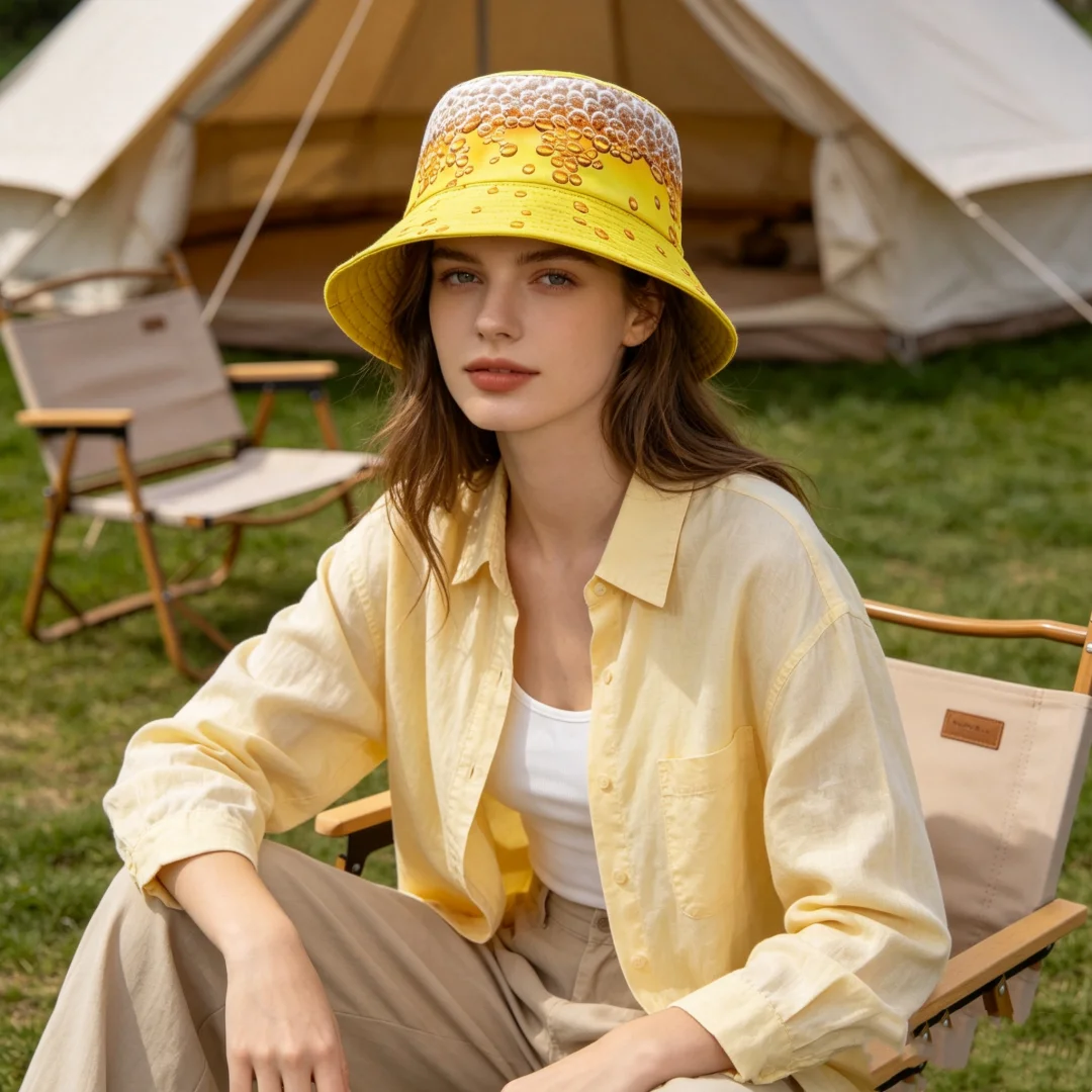 Reversible Beer Bubble Printed Bucket Hat, Suitable for Both Men and Women, Perfect for Beer Time. Cup Pattern, Fisherman Hat, D