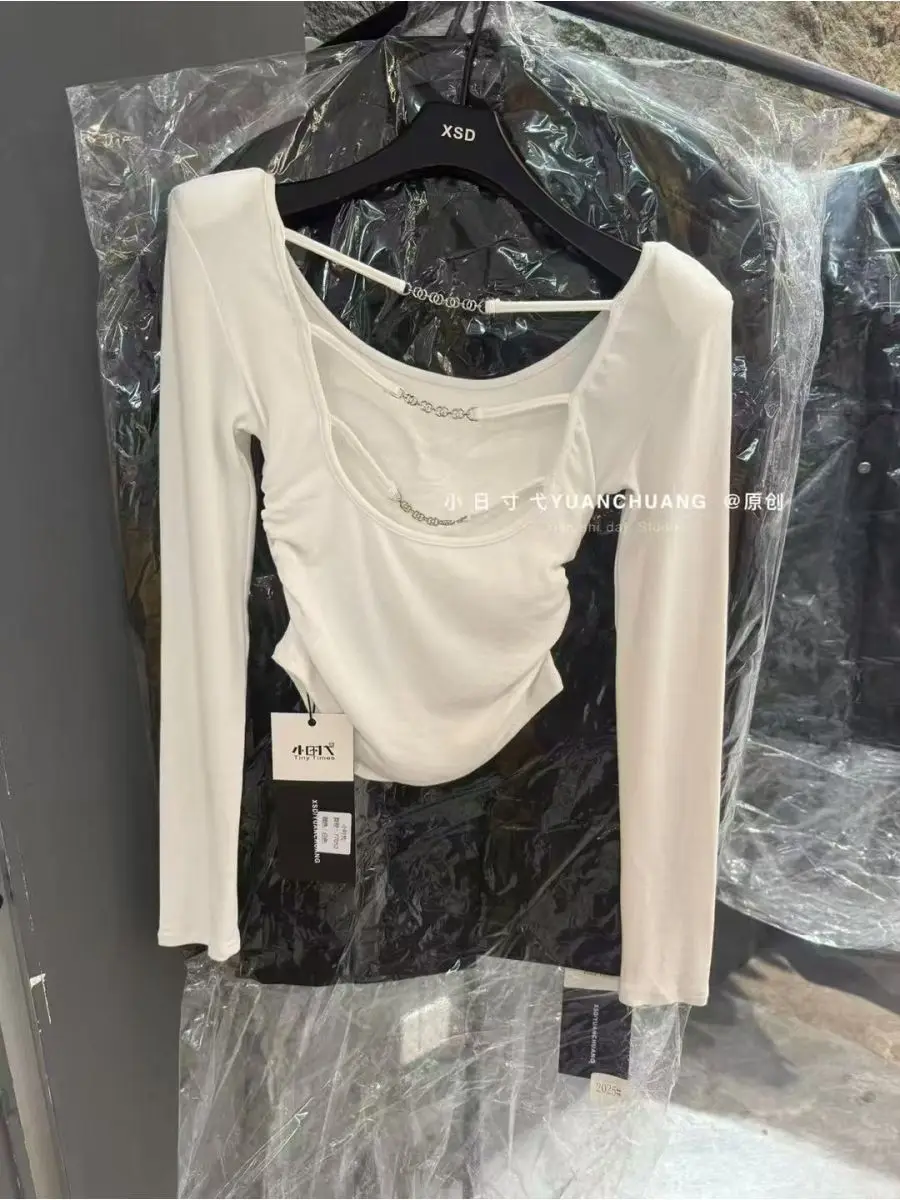 Damskie seksowne koszulki z długim rękawem i odkrytymi plecami, z poduszkami na ramionach, jesienne, jednolite bluzki z okrągłym dekoltem, obcisłe, podstawowe koszulki w stylu \"hot sweet\" od SY'sYouthfully.