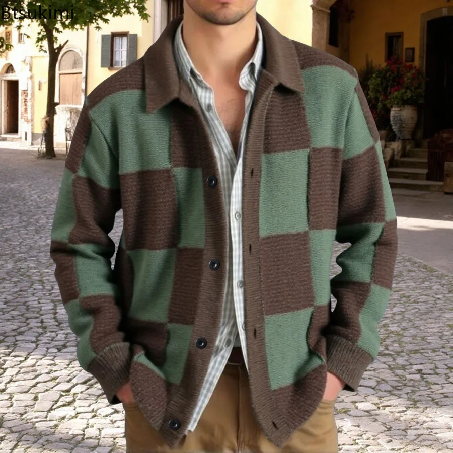 

New British Style Vintage Sweaters for Men Autumn Winter Classic Plaid Long Sleeve Casual Cardigans Men's Knitted Sweater Coats