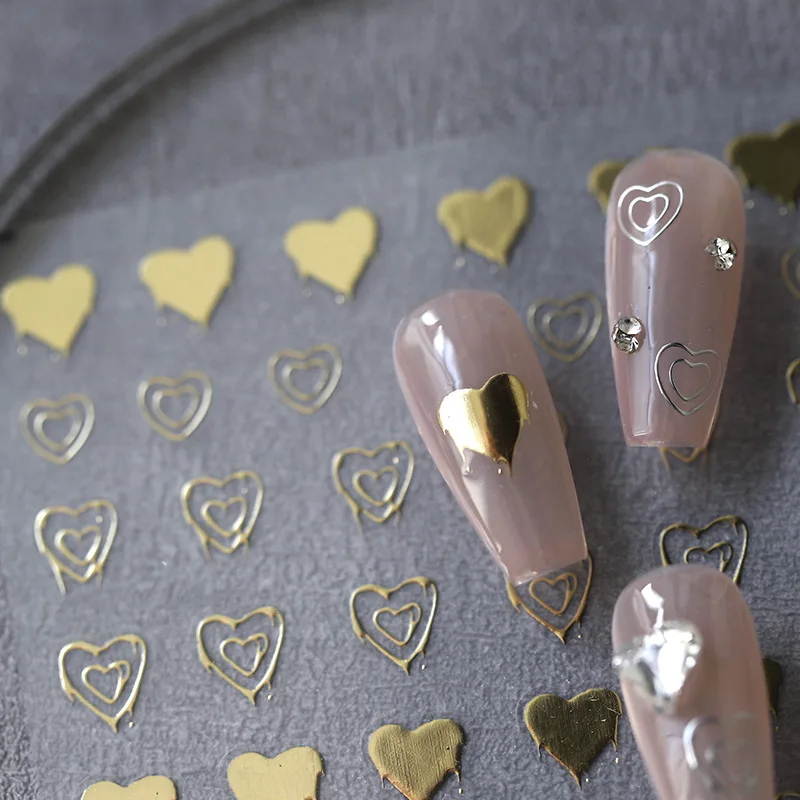 1 Sheet 5D Realistic Stamp Gold Silver Melting Solid Hollow Love Heart Adhesive Nail Art Stickers Decals Manicure Ornaments