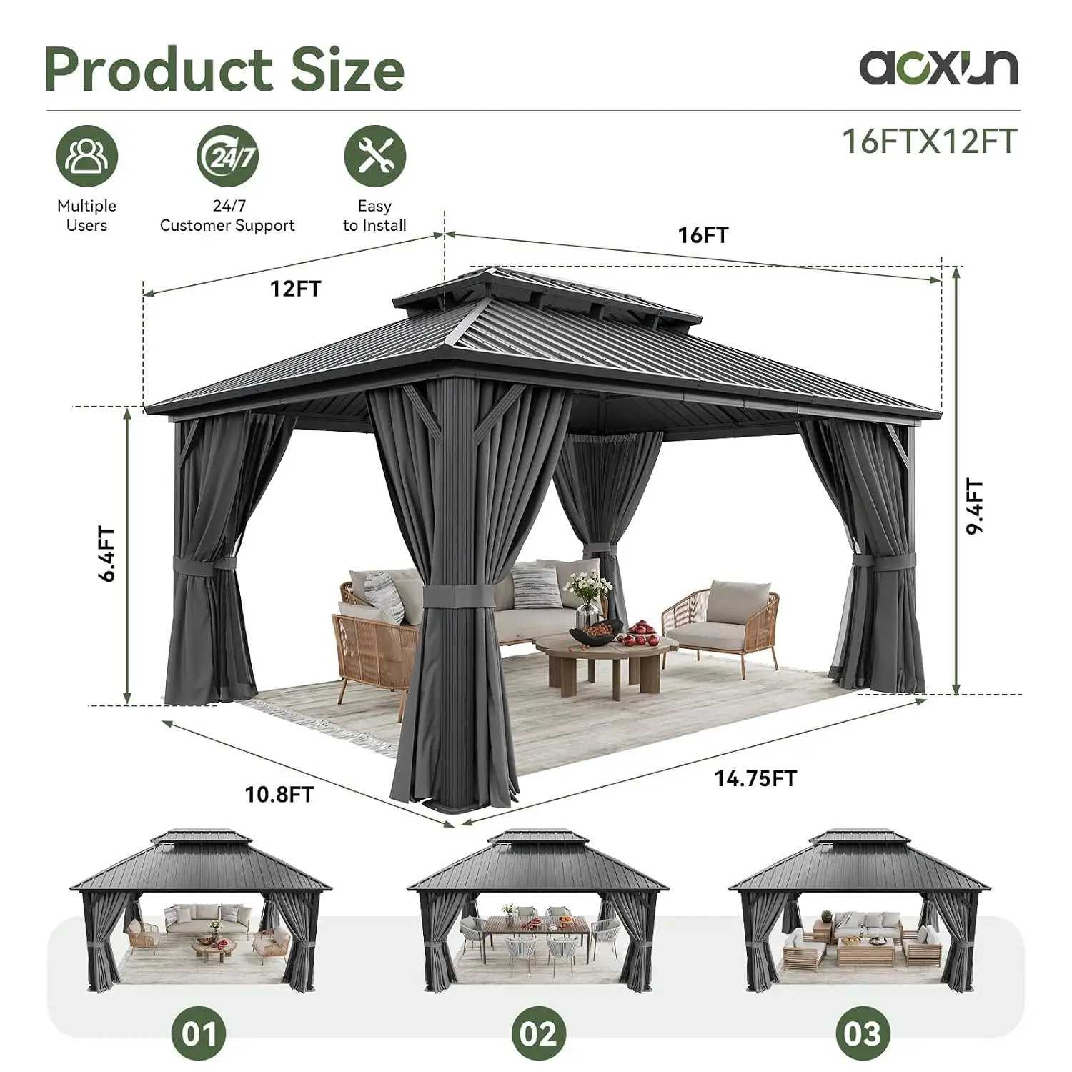 12X16Ft Hardtop Gazebo Metal Gazebo with Galvanized Steel Double Roof | Outdoor Pergola Permanent Pavilion with, Customized view 2