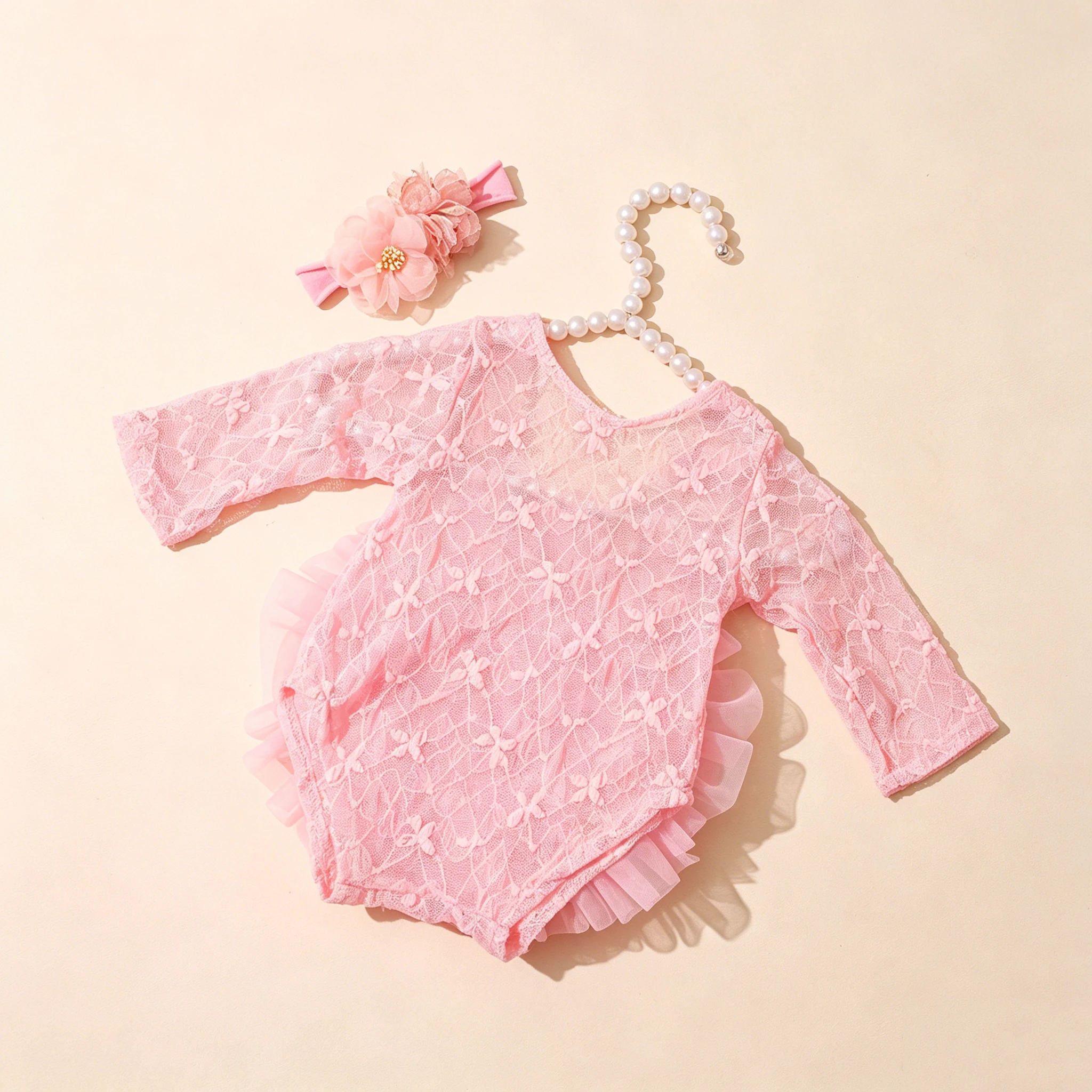 Ylsteed 2 Pieces Set Dusty Pink Newborn Lace Romper for Photo Shooting Fluffy Mesh Lace Photography Outfits with Headband-HD image 4