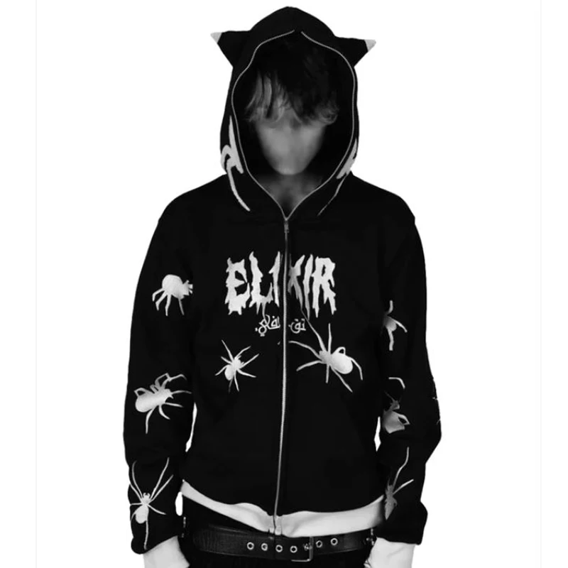 Y2K Style Wonen Hoodie Gothic Devil Ears Hoodies Spider Letter Print Hoodie Zipper Streetwear Punk Sweatshirt Y2k Jacket 2023