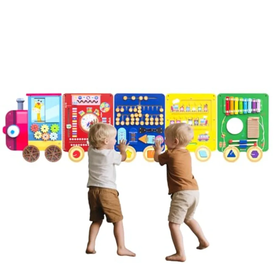 

Wooden Train Activity Wall Panels for 3 Years Old and Over Montessori Sensory Learning Center Educational Playroom Toy with Col