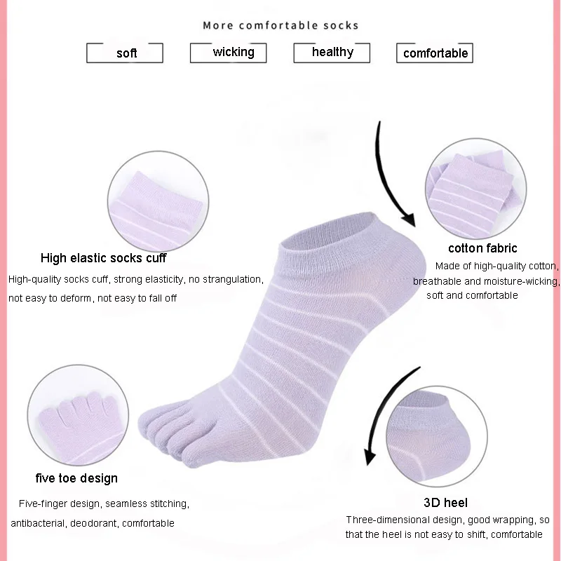 5 Pairs Hot Striped Invisible Socks with Toes Cotton 5 Finger Ankle Socks Women Girls Young Fashion Split Toe Sock medias mujer