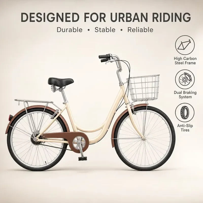 Retro 26 Folding Bike Lightweight Steel Frame Single Speed Folding Bike with Basket Suitable for Commuting