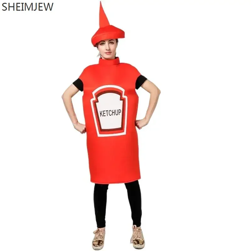 2023 Unisex Ketchup And Mustard Jumpsuit With Hat Funny Food Party Clothes Halloween Costume For Men And Women