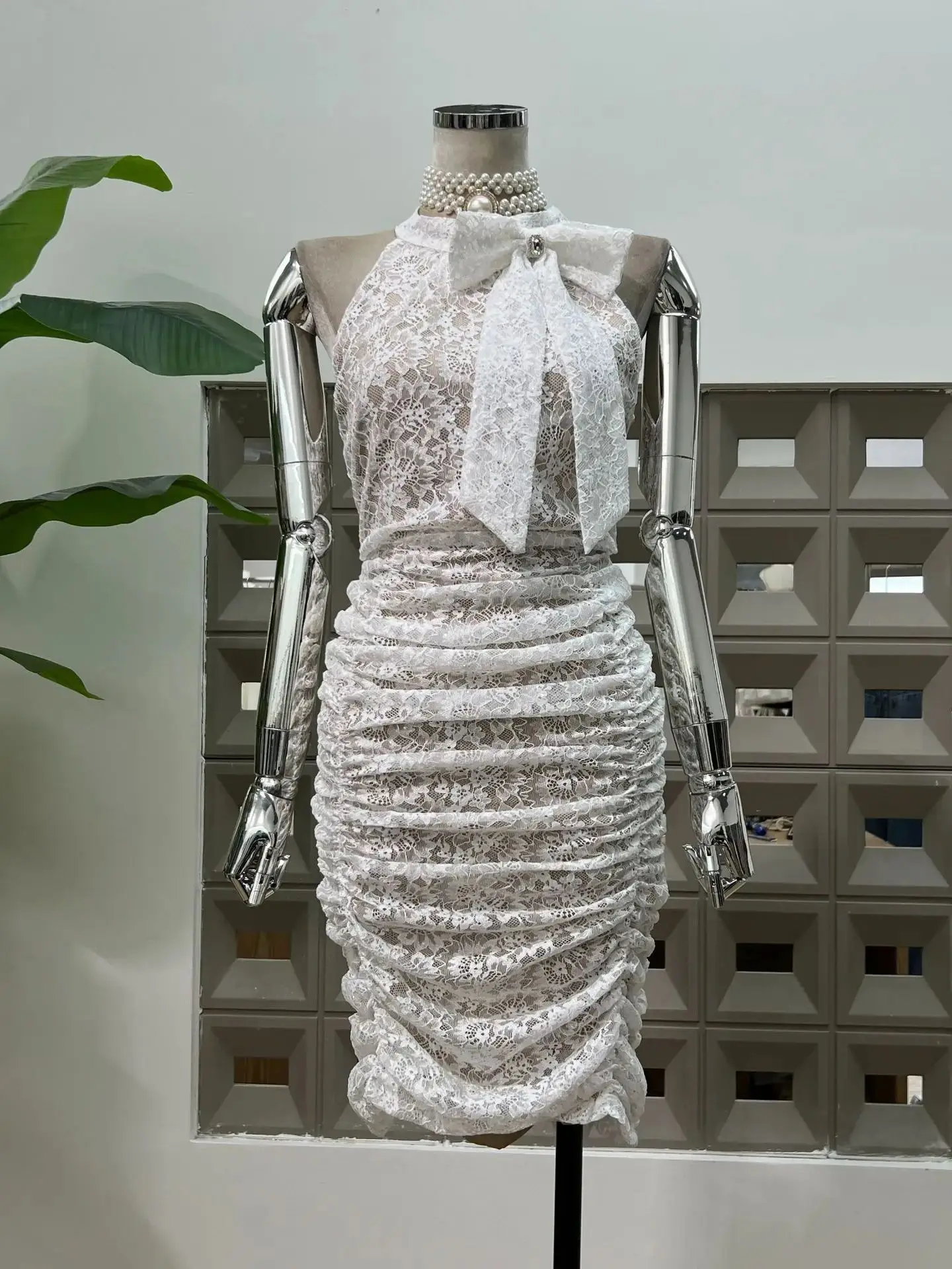 

Summer New Sexy Elegant Party Cocktail Evening Gown Butterfly Bow Sequins Lace Pleated Luxury Chic Mid-Length Women's Dresses