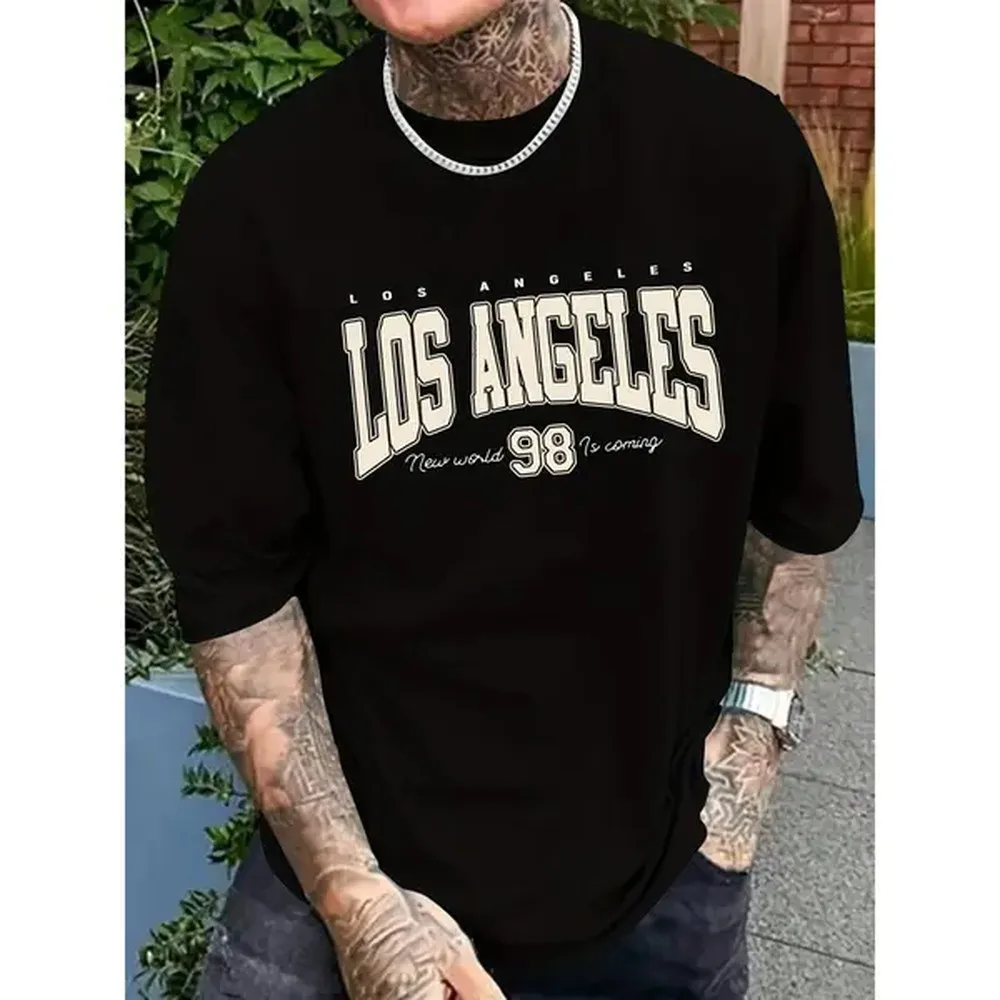 Camisetas de manga corta para hombre con estampado de Los Ángeles, cuello redondo, corte regular, mezcla de poliéster y elastano para verano, mezcla de poliéster, ligera elasticidad, estampado gráfico, informal, tejido de punto, se puede lavar en seco
