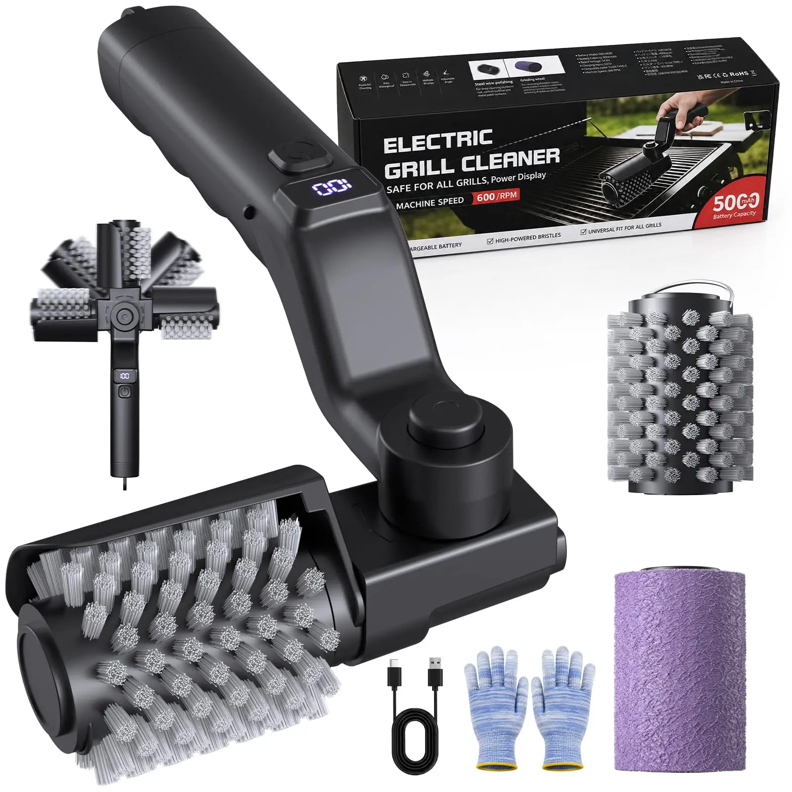 Electric BBQ Cleaning Brush 5000mAh Battery, 30kg High-Torque Grill Cleaner for Cleaning Cast Iron and Stainless Steel Grills