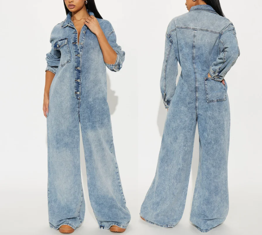 

Women's Jumpsuit Spring New Light Colored Simple Denim Collar Button Front Loose Casual Simple Women's Denim Jumpsuit