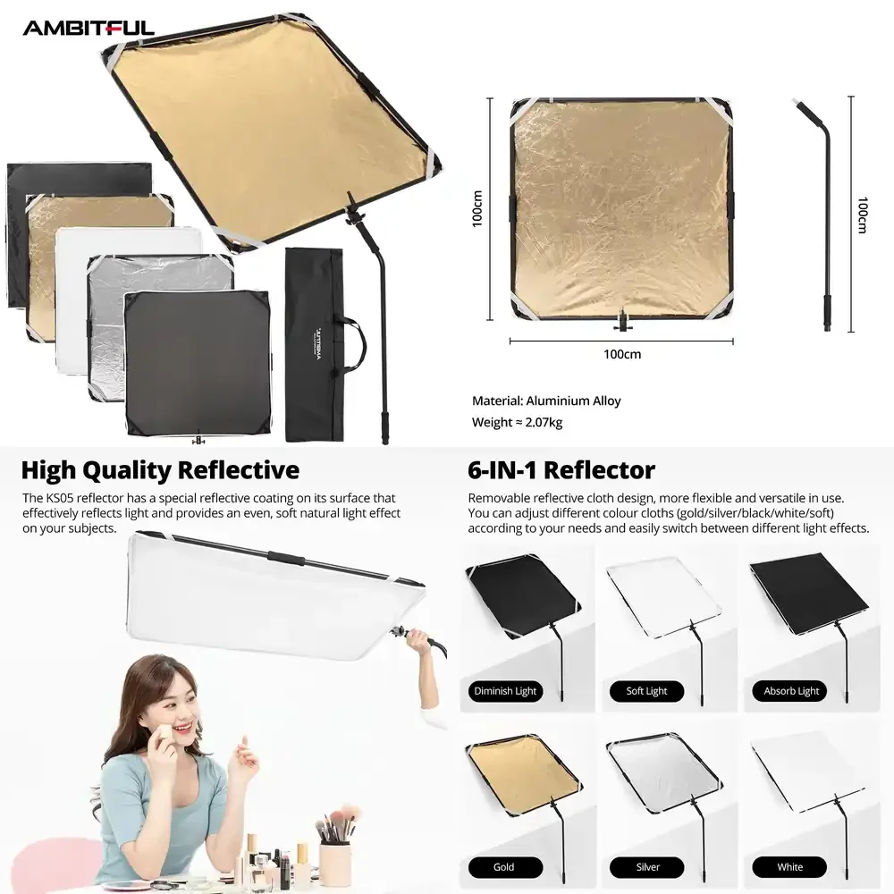 Ambitful KS05 100x100cm Diffuseur Réflecteur 6-en-1 Noir Or Blanc Argent avec Support de Poignée Pliante et Boîte de Rangement