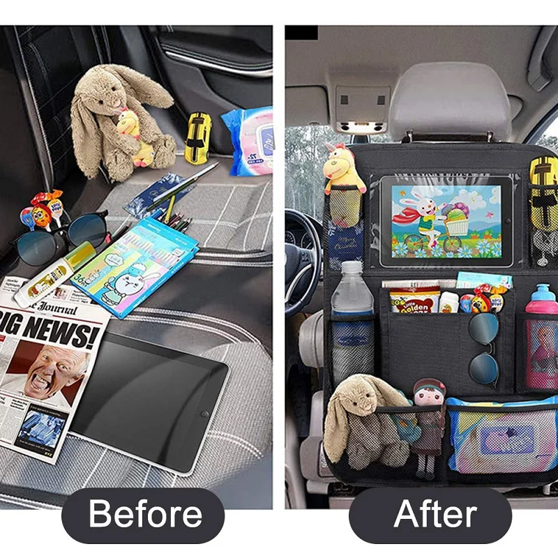 Car Backseat Organizer with Touch Screen Tablet Holder + 9 Storage Pockets Kick Mats Car Seat Back Protectors for Kids Toddlers