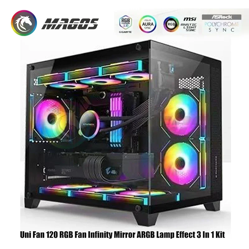 PC Gamer Cabinet Water Cooling Silent Mute Radiator,Infinity Mirror Uni Fan 3 in 1 Kit, ARGB Light Effect Forword /Reverse Blade