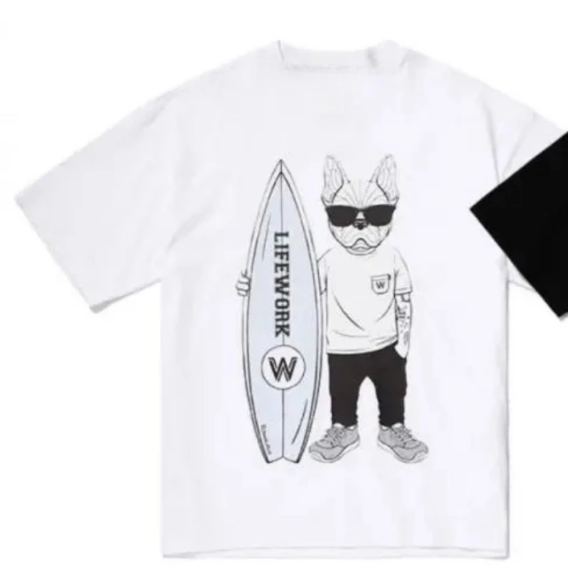 2026 Vintage T-Shirt Bulldog Surfer With Surfboard Graphic Unisex Tee Couples Matching Crew Neck Retro Beach Streetwear Casual