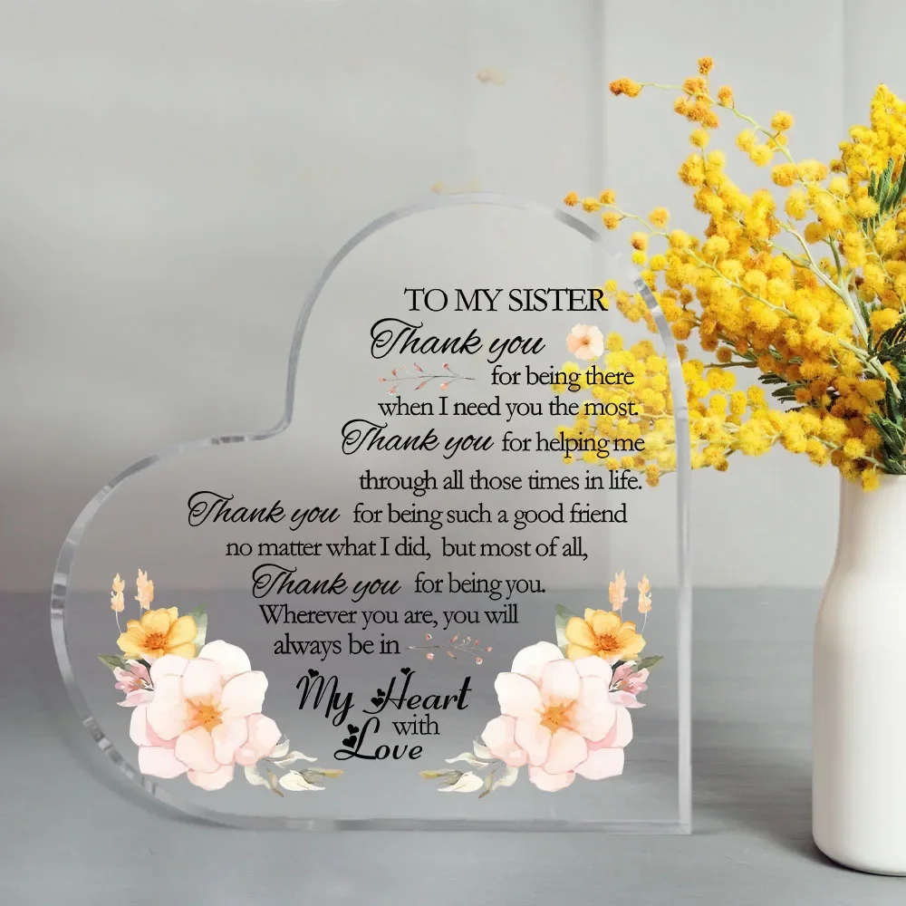 Acrylic Thank You to My Sister Keepsake,Heart Acrylic Plaque To My Sister Floral Thank You Sister Gift Desk Decor
