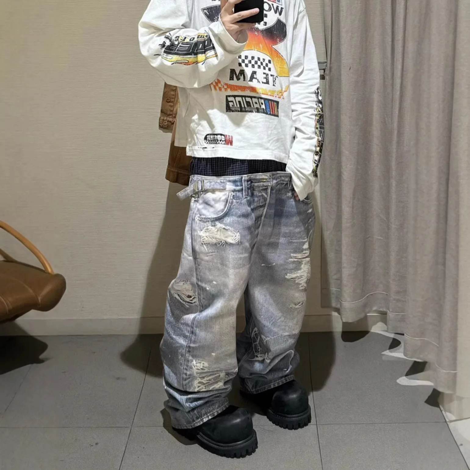 Grailz Protocol's new distressed fake two-piece combined digital print distressed washed denim pants. Project G/R