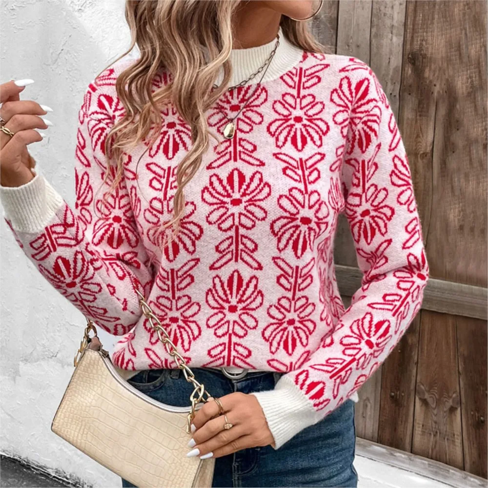 Winter Clothes Woman Pulls Femmes Loose Contrast Half Turtleneck Floral Jacquard Knitted Sweater All-match Loose Simple Style