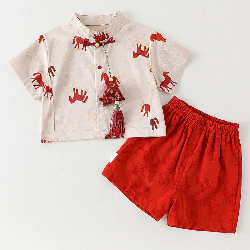 Summer Newborn Clothes Toddler Boy Outfits Chinese Style Cartoon Cute Short Sleeve Cotton Tops+Shorts Baby Clothing Sets B460