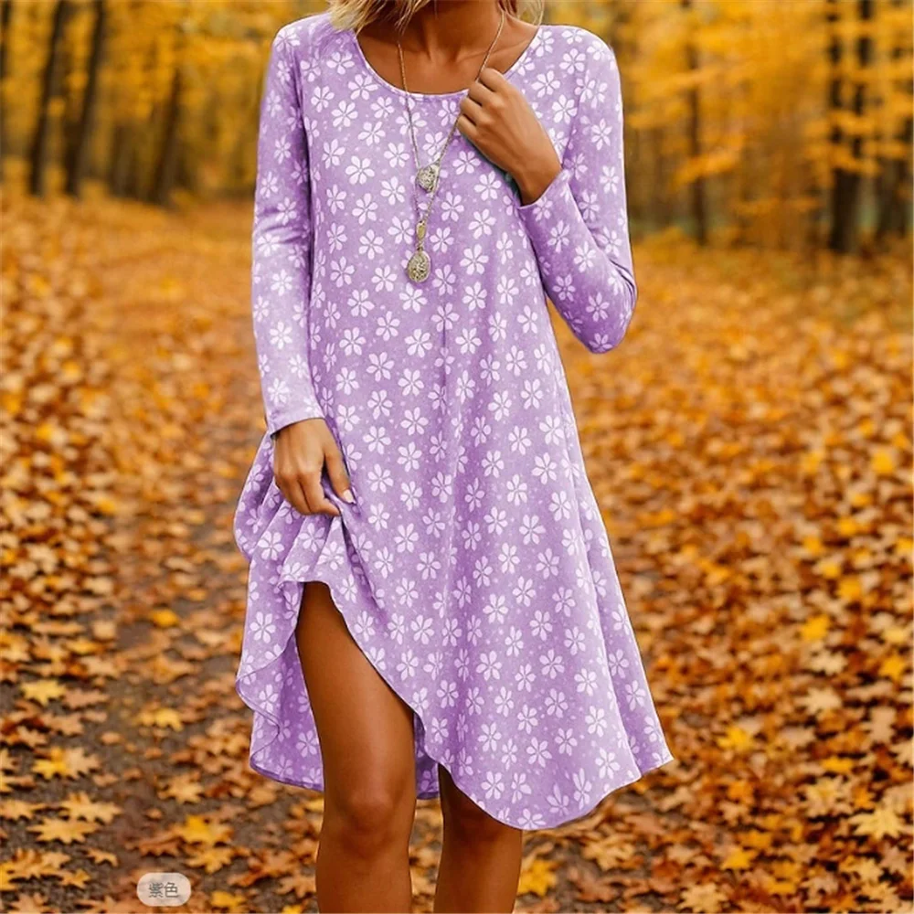 Elegant Fashion Small Floral Print Women Mini Dresses All Season Long Sleeve Flower Pattern Street Lady Dress Loose Casual Dress