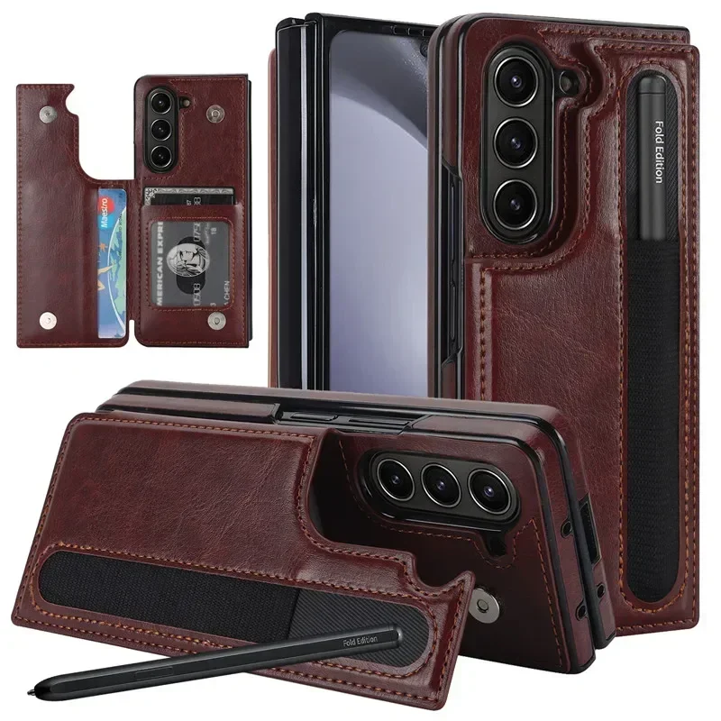 

Pen Slot Leather Wallet Card Phone Case for Samsung Galaxy Z Fold 7 6 5 4 3 Fold6 Fold5 Fold4 Fold3 Retor Flip Stand Cover