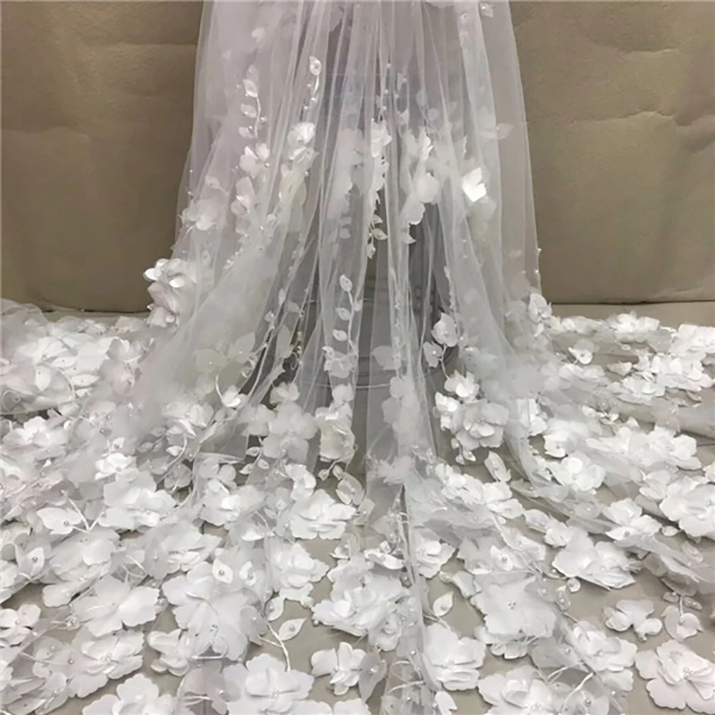 White 3D Bead Lace Fabric for Weddings