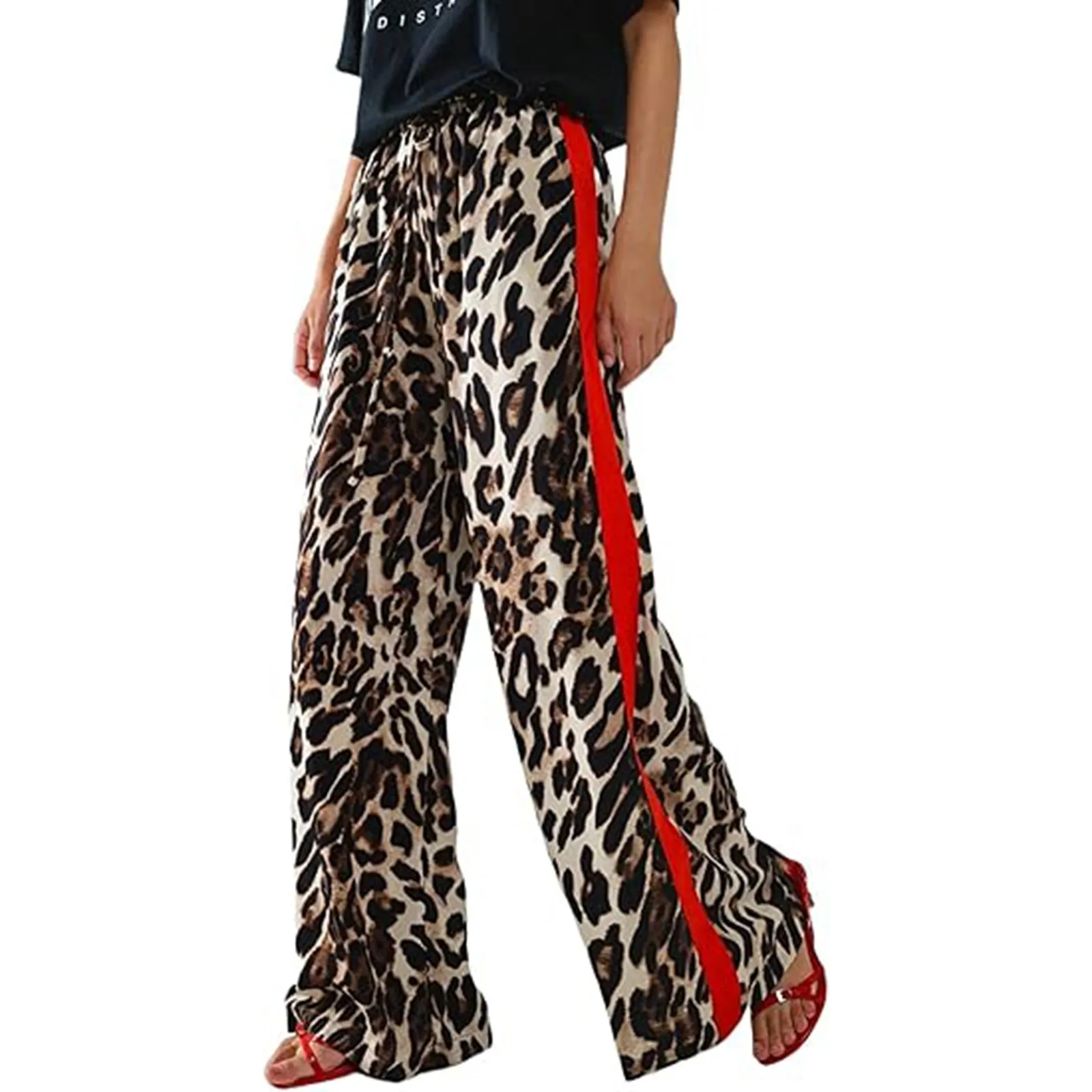

Women's Summer Leopard Print Pants With Drawstring Thin Casual Side Stripes Wide Leg Loose Pants Harajuku Streetwear Pants